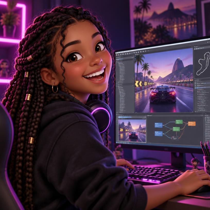 Menina sorrindo para a câmera em frente ao computador criando um jogo de corrida