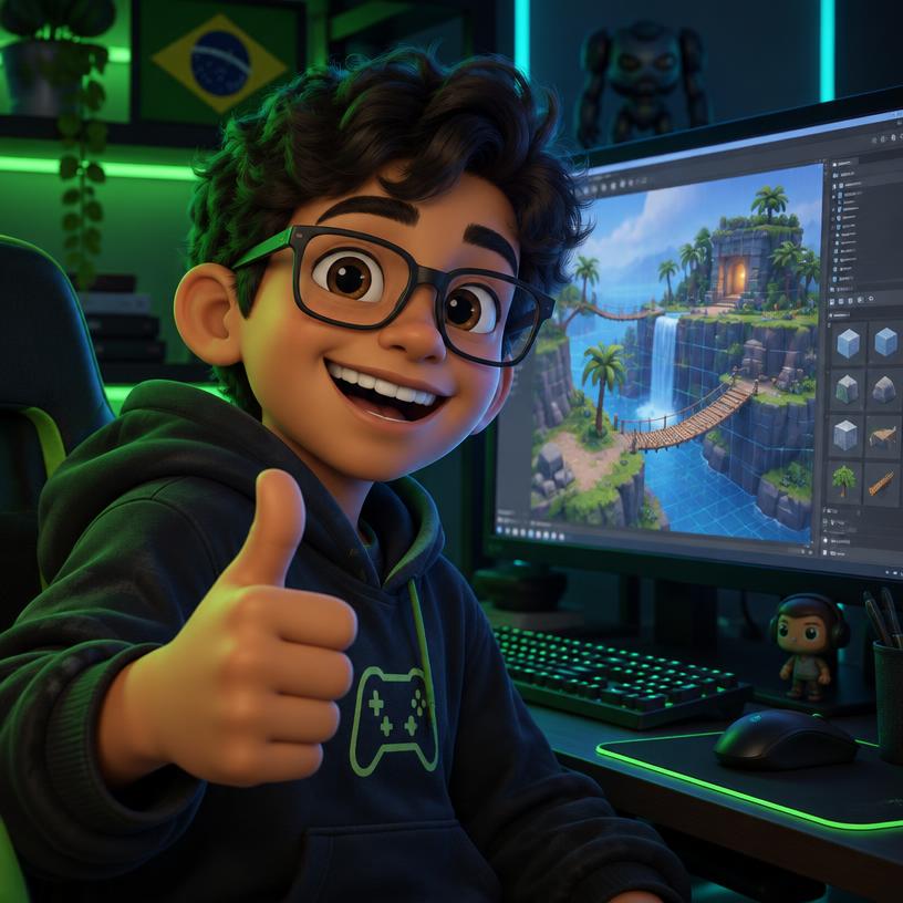 Menino de óculos mostrando joinha em frente a um jogo 3D no monitor