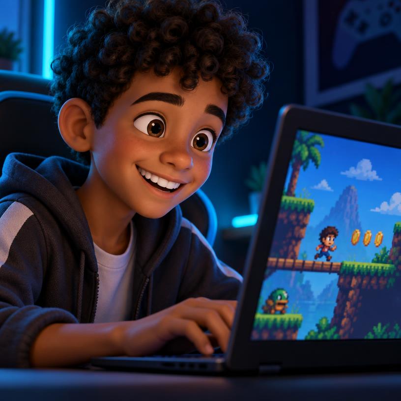 Menino sorrindo enquanto cria um jogo de plataforma no notebook